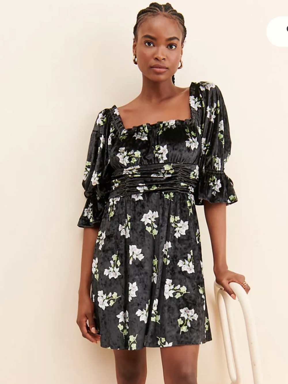 Hutch Black Velvet Floral Ruched Square Neck Mini Dress Size M Whimsigoth